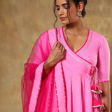 Bright Pink Angrakha Anarkali Set With Sheer Net Dupatta