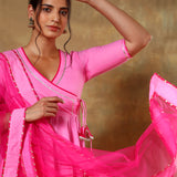 Bright Pink Angrakha Anarkali Set With Sheer Net Dupatta