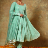 Sage Green Anarkali Set With Silver Striped Border And Net Dupatta