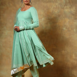 Sage Green Anarkali Set With Silver Striped Border And Net Dupatta