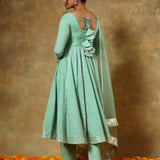 Sage Green Anarkali Set With Silver Striped Border And Net Dupatta