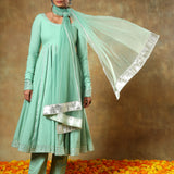 Sage Green Anarkali Set With Silver Striped Border And Net Dupatta