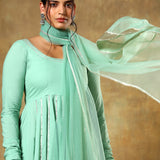 Sage Green Anarkali Set With Silver Striped Border And Net Dupatta