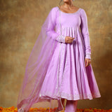 Lilac Anarkali Set With Silver Piped Panels And Net Dupatta