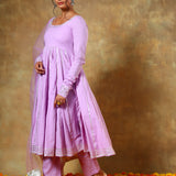 Lilac Anarkali Set With Silver Piped Panels And Net Dupatta
