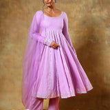 Lilac Anarkali Set With Silver Piped Panels And Net Dupatta