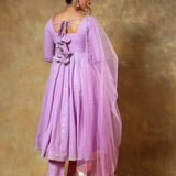 Lilac Anarkali Set With Silver Piped Panels And Net Dupatta