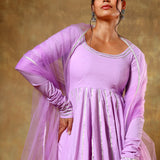 Lilac Anarkali Set With Silver Piped Panels And Net Dupatta