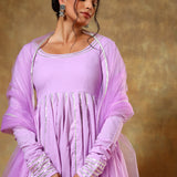 Lilac Anarkali Set With Silver Piped Panels And Net Dupatta