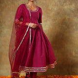 Magenta Anarkali Set With Silver Striped Border And Net Dupatta