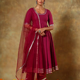 Magenta Anarkali Set With Silver Striped Border And Net Dupatta