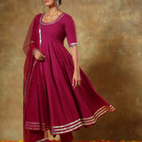 Magenta Anarkali Set With Silver Striped Border And Net Dupatta