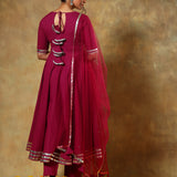 Magenta Anarkali Set With Silver Striped Border And Net Dupatta