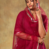 Magenta Anarkali Set With Silver Striped Border And Net Dupatta