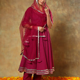 Magenta Anarkali Set With Silver Striped Border And Net Dupatta