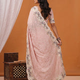 Blush Salmon Pink Floral Thread Work Georgette Saree