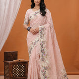 Blush Salmon Pink Floral Thread Work Georgette Saree