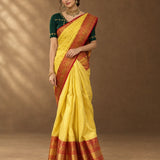 Lemon Yellow Stripe Kanchi Silk Saree With Golden Red Zari Border