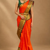 Bright Tangerine Orange Gold Butti Kanchi Silk Saree