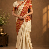 Ivory Geometric Jaal Kanchi Silk Saree With Red Bird And Floral Border