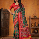 Emerald Green Floral Jaal Patola Silk Saree With Red Border