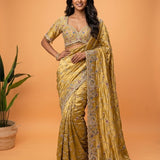 Golden Tissue Hand-Embroidered Saree with Floral & Peacock Detailing