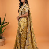 Golden Tissue Hand-Embroidered Saree with Floral & Peacock Detailing