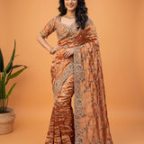 Rust Orange Tissue Hand-Embroidered Saree with Floral & Peacock Detailing