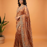 Rust Orange Tissue Hand-Embroidered Saree with Floral & Peacock Detailing