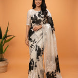 Black & White Floral Hand-Embroidered Saree