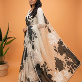Black & White Floral Hand-Embroidered Saree