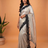 Noir Floral Embroidered Border Kora Tissue Saree