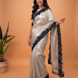 Noir Floral Embroidered Border Kora Tissue Saree