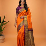 Royal Orange & Purple Border Kanjeevaram Silk Saree
