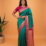 Teal Green and Rani Pink Border Kanjivaram Silk Saree with Golden Zari