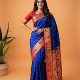 Sapphire Blue Floral Zari Butti Paithani Silk Saree