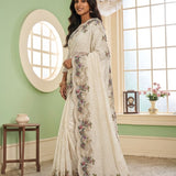 Ivory Floral Machine Embroidery Organza Saree