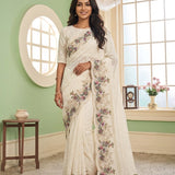Ivory Floral Machine Embroidery Organza Saree