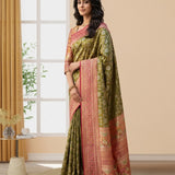 Olive Green Gold Zari Floral Bunch Kanjivaram Silk Saree
