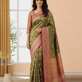Olive Green Gold Zari Floral Bunch Kanjivaram Silk Saree
