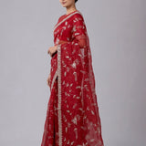 Red Georgette Saree with Floral Embroidery