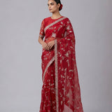 Red Georgette Saree with Floral Embroidery