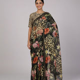 Black Pure Georgette Saree with Animal Print & Floral Print Fusion | Highlighted with Hand Embroidery