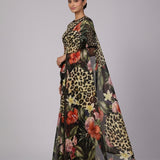 Black Pure Georgette Saree with Animal Print & Floral Print Fusion | Highlighted with Hand Embroidery