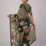 Black Pure Georgette Saree with Animal Print & Floral Print Fusion | Highlighted with Hand Embroidery