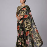 Black Pure Georgette Saree with Animal Print & Floral Print Fusion | Highlighted with Hand Embroidery