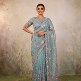 Seafoam Pink Rose Floral Hand Embroidery Net Saree