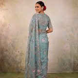 Seafoam Pink Rose Floral Hand Embroidery Net Saree