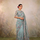 Seafoam Pink Rose Floral Hand Embroidery Net Saree
