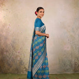 Blue Banarasi Silk Saree with Silver Zari Floral Border and Multicolour Traditional Motifs